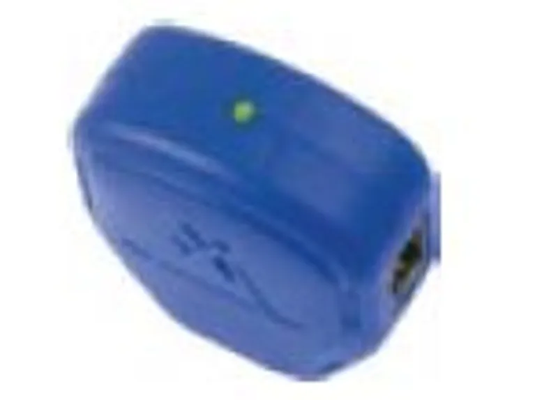 MOBOTIX PoE Power Adapter with blue casing, illuminated green LED, and RJ45 port shown from above
