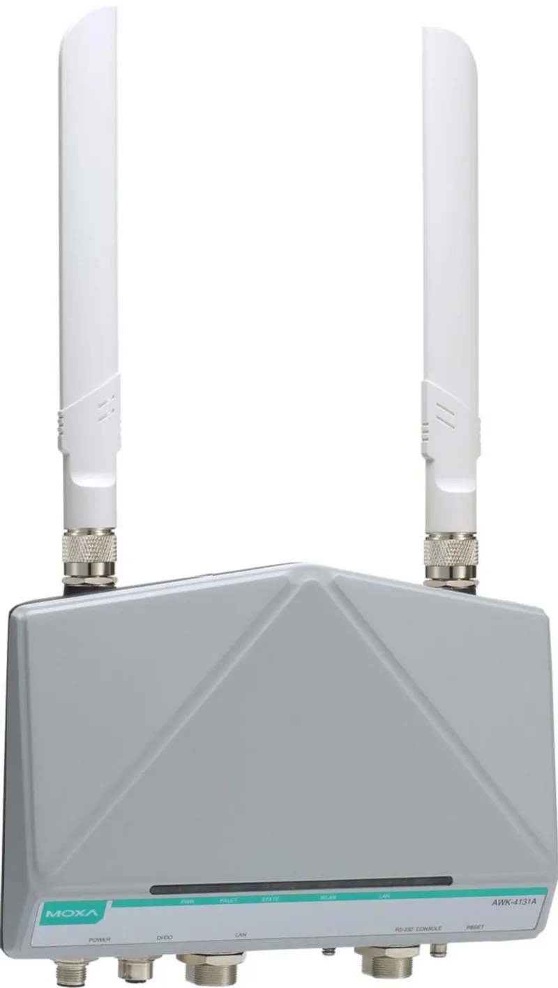 Punto di accesso wireless industriale MOXA con antenne omnidirezionali bianche, LED di stato e porte per ambienti estremi