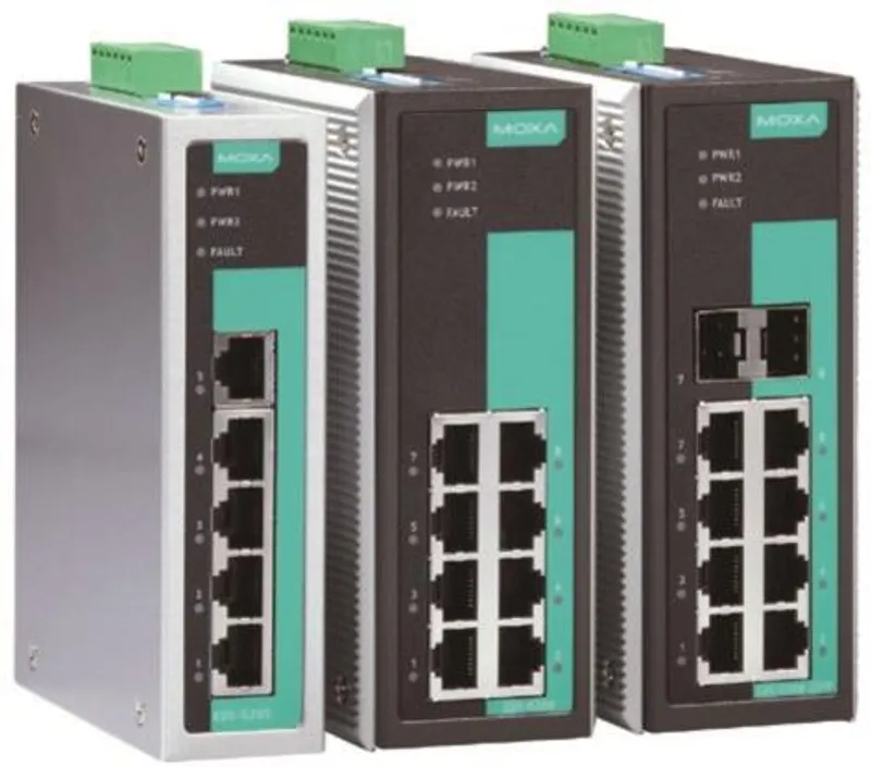 Commutateur Ethernet non géré EDS-G308 Série avec 8 ports Gigabit en boîtiers argent et gris industriel pour réseaux robustes