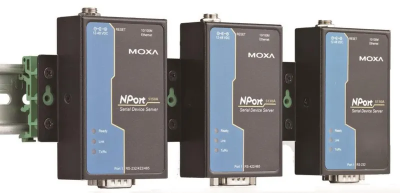 MOXA NPort 5100A, три сервера последовательных портов RS-232/422/485 на DIN-рейке с индикаторами и разъёмом DB9.