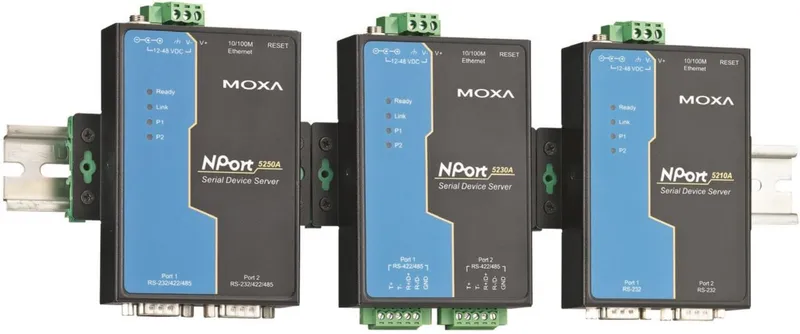 Сервер последовательных портов NPort 5200A с двумя RS-232/422/485 портами в сине-чёрном корпусе с индикаторами и разъёмами