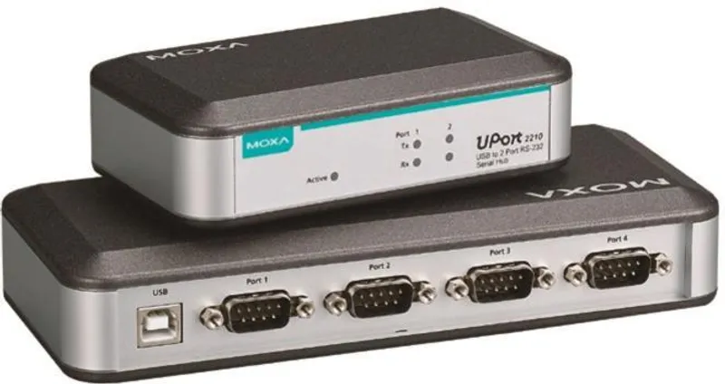 USB-to-Serial конвертер RS-232 с 4 портами DB9, два устройства в стопке с USB-разъёмом, логотипом MOXA и световыми
