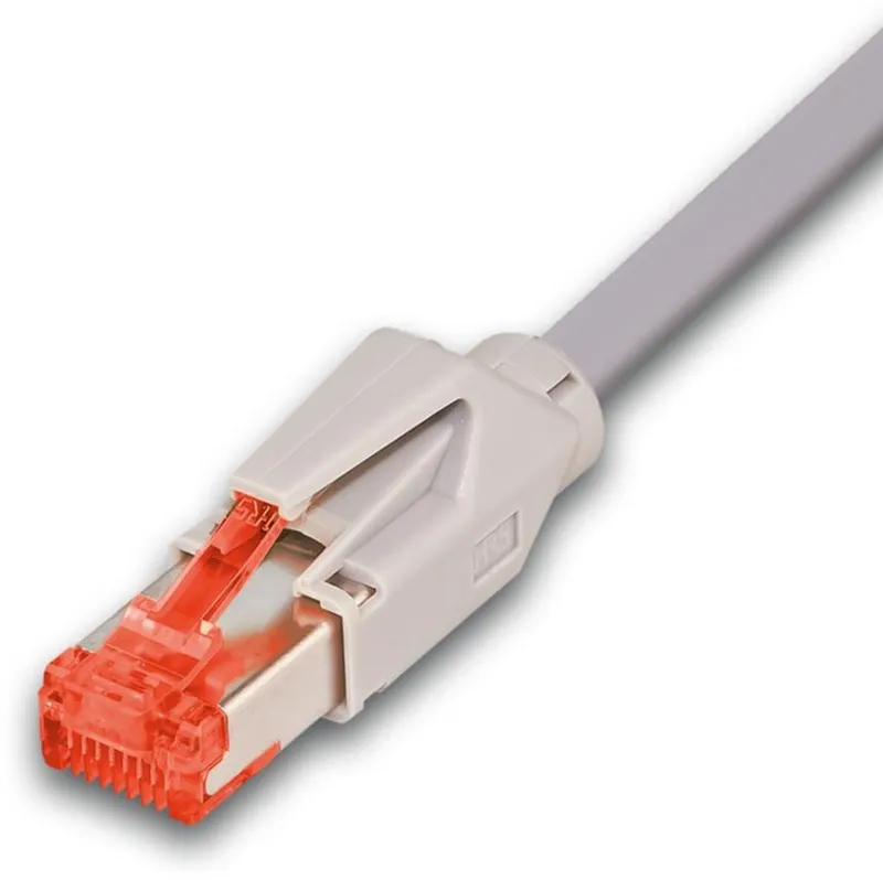 Câble patch KAT6 HQ DRAKA 500MHz Hirose TM21 gris avec connecteur orange translucide et manchon protecteur sur fond blanc.