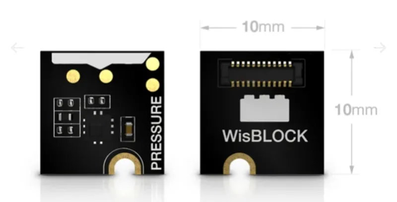 RAK1902 WisBlock barometric pressure sensor module showing 10x10mm PCB with gold contact pads, SMD component outlines, and