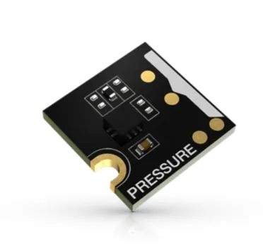 RAK1902 WisBlock barometric pressure sensor module, small black square PCB with gold contact pads, surface-mounted RAK1902 WisBlock barometric pressure sensor module, small black square PCB with gold contact pads, surface-mounted