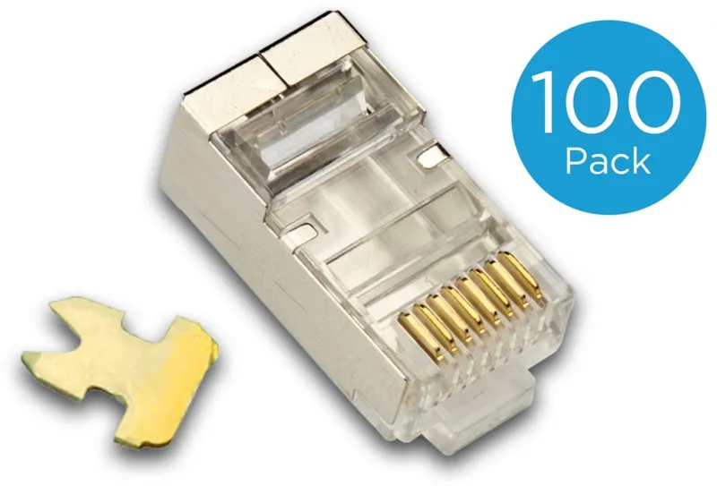 Modularstecker RJ45 (8-Pole / 8-Kontakte), geschirmt, 100er-Pack, zeigt einen klaren plastik RJ45 Stecker mit silberner