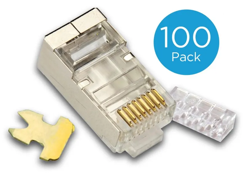 Modularstecker RJ45, 8-polig, geschirmt, 100er-Pack, goldene Kontakte, Metallgehäuse, blauer Aufkleber mit "100 Pack