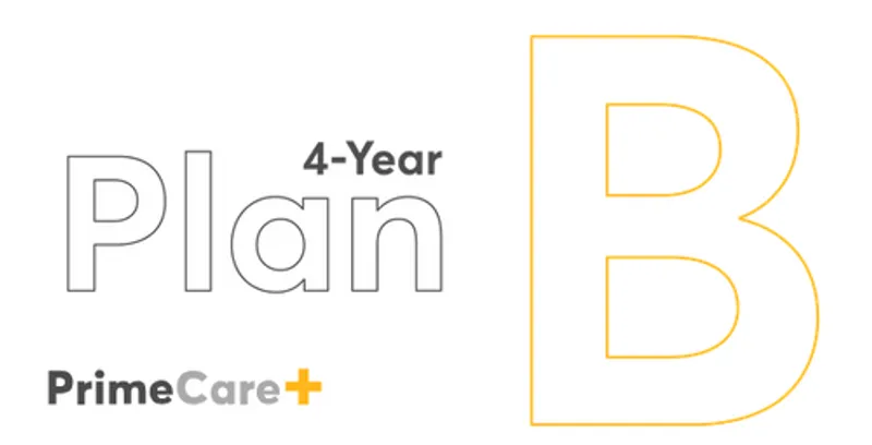 PrimeCare+ B 4-Jahres-Plan mit grauer Umrandung und gelbem Pluszeichen Logo darunter sowie großer gelber B-Buchstabe daneben.