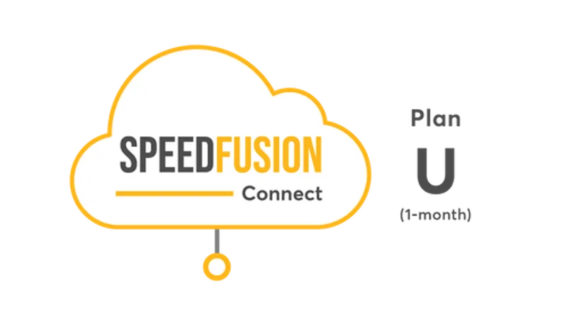 SpeedFusion Connect Unlimited Plan (1 Month), gelbes Cloud-Logo mit Text und Kreis, Planbezeichnung U und Laufzeitangabe