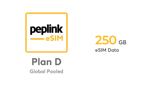 Peplink eSIM Data Pooled Plan D, gelbes Quadrat mit Logo und 250 GB Datenlimit, globale Nutzung