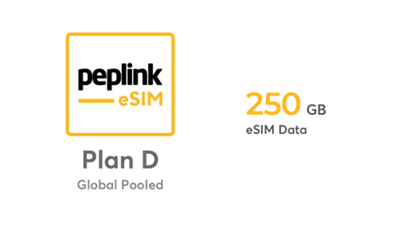 Peplink eSIM Data Pooled Plan D, gelbes Quadrat mit Logo und 250 GB Datenlimit, globale Nutzung