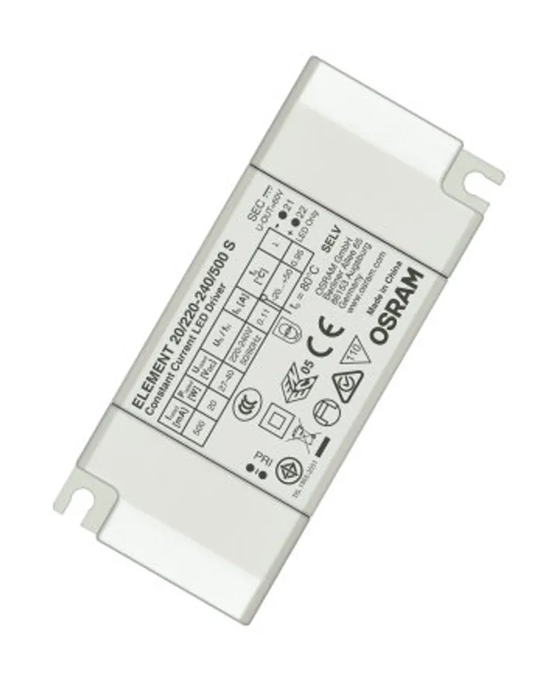 OSRAM LED driver CC 600mA 27-40V Element S shown diagonally with mounting tabs and technical label on white background.