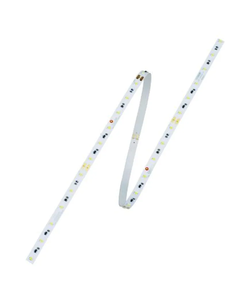 Гибкая светодиодная лента Synergy 21 LED Flex Strip 2835 изогнута S-образно на белом фоне с жёлтыми чипами OSRAM и красными