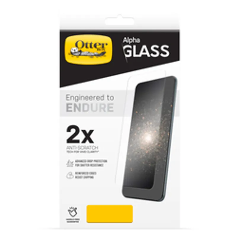 OtterBox ALPHA Displayschutzglas für iPhone 12/12 Pro, klare Verpackung mit Logo, Produktabbildung und Schutzfunktionen auf