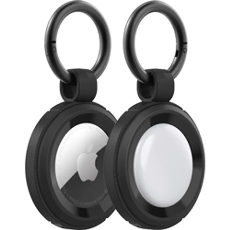Чёрные защитные чехлы OtterBox для Apple AirTag с карабином, два аксессуара рядом с видимыми внутри белыми метками AirTag.