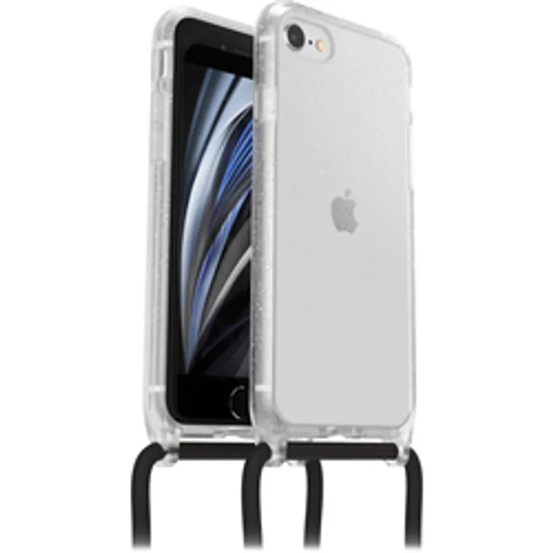 OtterBox React Halskette für iPhone SE, 8, 7 in Stardust-Glitzer mit zwei Geräten an schwarzem Band.