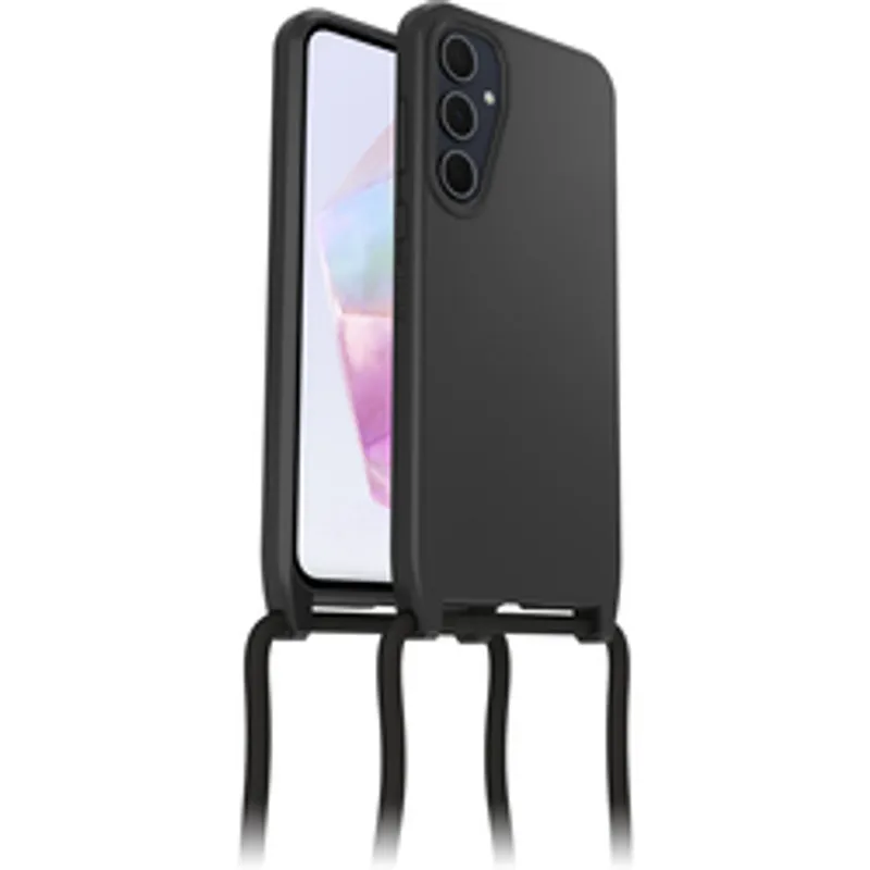 Чехол OtterBox React Necklace для Samsung Galaxy A35 5G чёрного цвета с подвесным шнурком на включённом смартфоне с