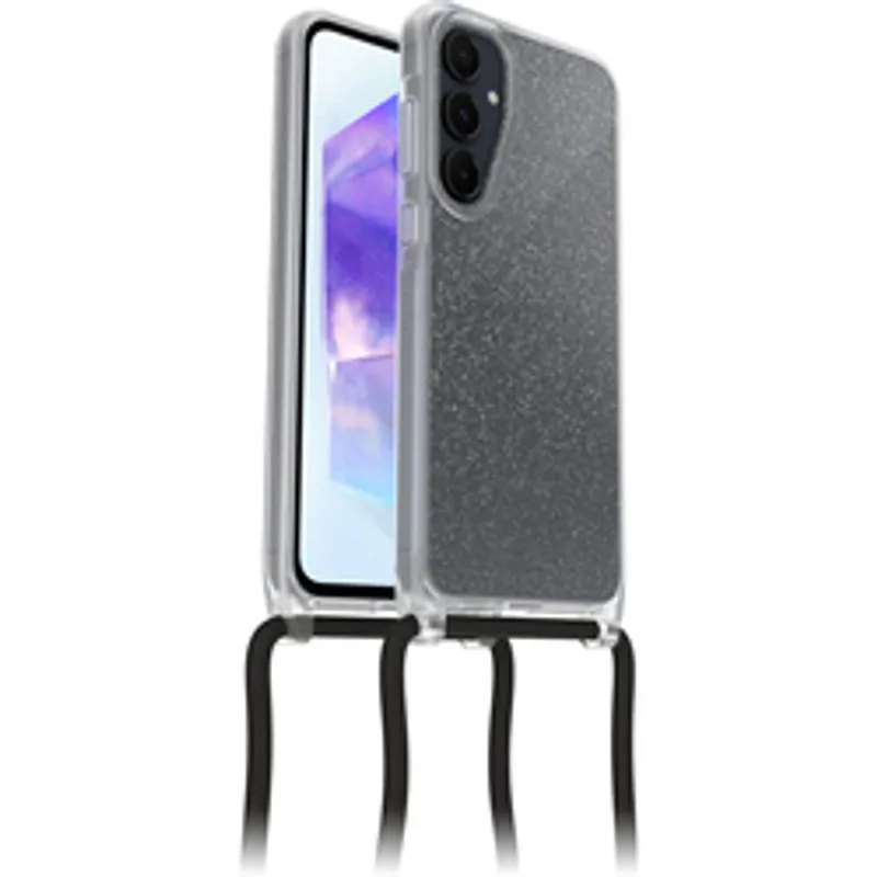 Funda OtterBox React para Samsung Galaxy A55 5G en tono Stardust brillante con cordón negro, vistas frontal y trasera en
