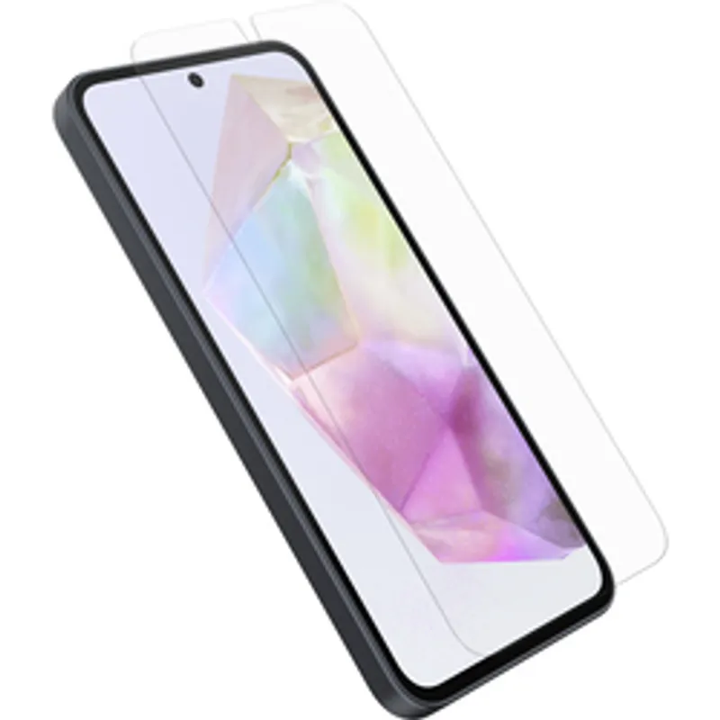 Защитное стекло OtterBox Glass для Samsung Galaxy A35 5G прозрачное на смартфоне с абстрактным экраном и двумя образцами
