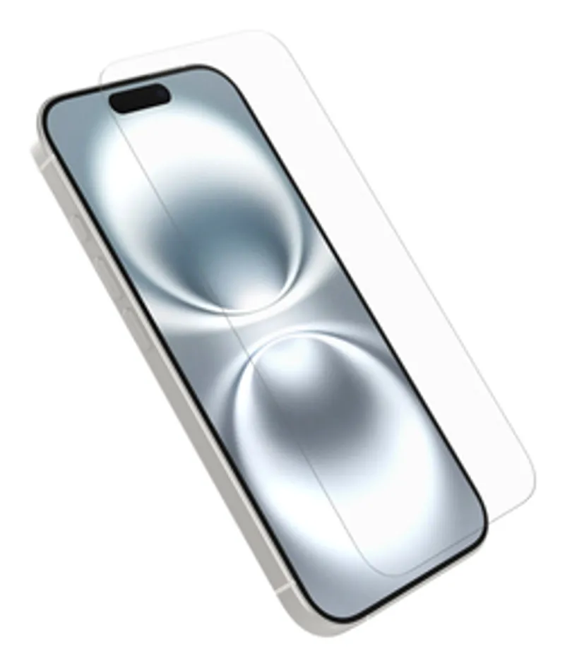 Protezione schermo OtterBox Glass per iPhone 16 trasparente, vetro temperato sospeso sopra display con cornice bianca e