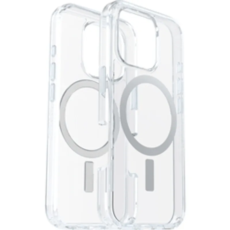 Custodie trasparenti OtterBox Symmetry Clear MagSafe per iPhone 16 Pro in posizione verticale con anello magnetico e tagli