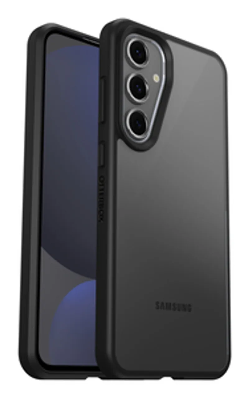 Étui OtterBox React transparent et noir pour Samsung Galaxy S24 FE en vue avant et arrière avec protection écran et contour