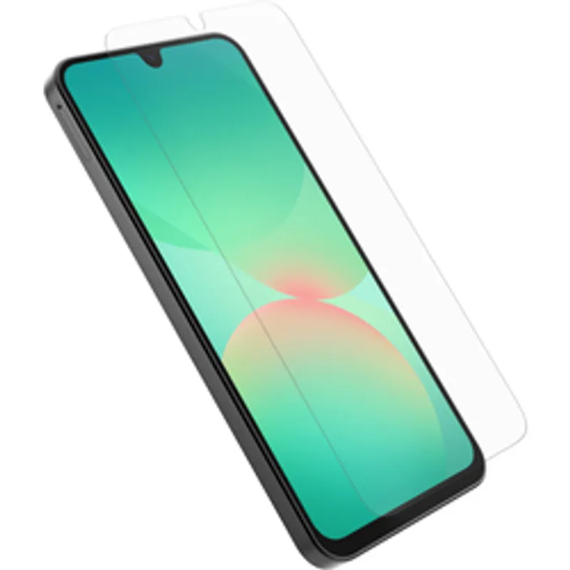 Protège-écran OtterBox Glass Galaxy A26 5G transparent en vrac, verre trempé flottant au-dessus d’un smartphone noir avec