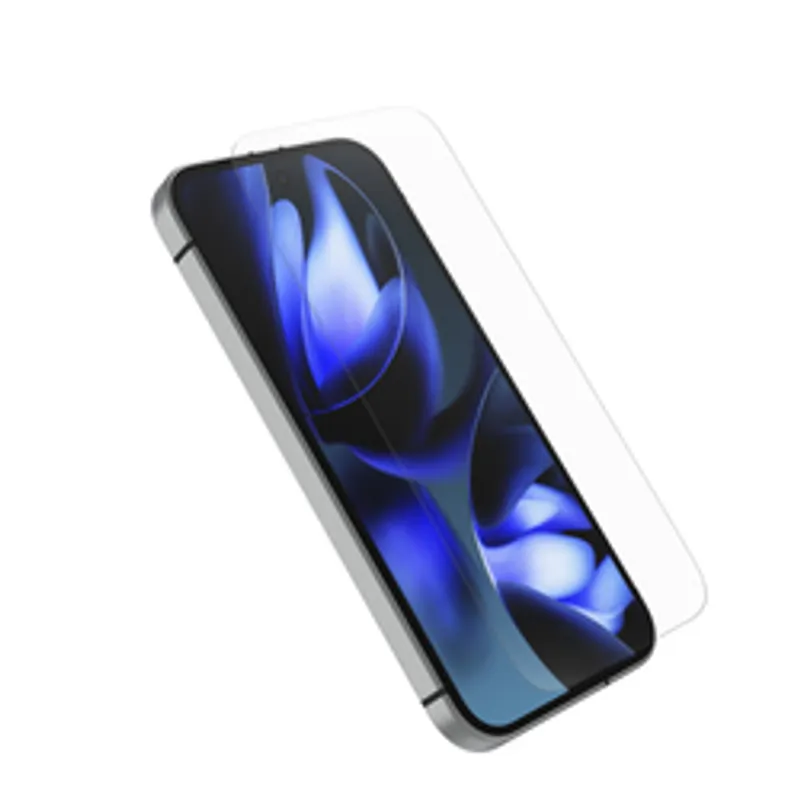 Protezione schermo OtterBox Premium Glass per Google Pixel 9a trasparente, vetro temperato sospeso sopra uno smartphone