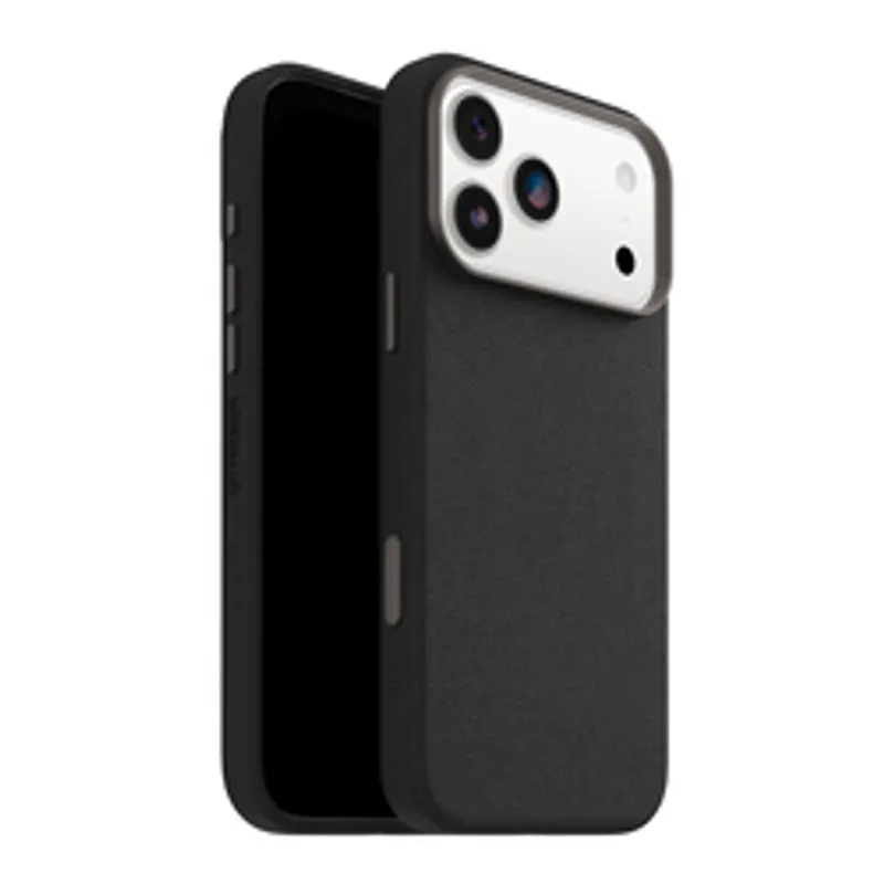 OtterBox Symmetry Cactus Leather CC iPhone 17 Pro Max case in black showing front and back views with textured leather