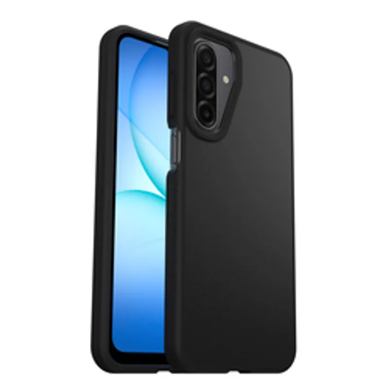OtterBox React Galaxy A17/A17 5G/A16/A16 5G schwarze Handyhülle mit Kameraausschnitt und zweiter Frontansicht im Vergleich.