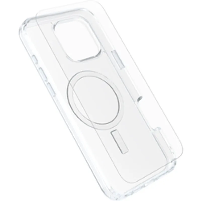 Прозрачный чехол OtterBox Symmetry MagSafe с премиальным стеклом для iPhone 16 Pro Max, вид сзади и сбоку на белом фоне