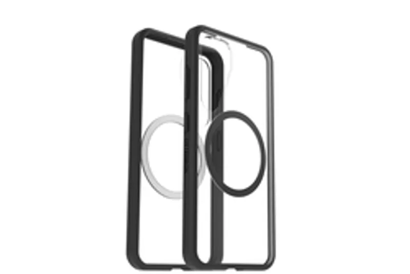 Otterbox React Magnet Qi2 für Samsung S25 in Black Crystal, zwei transparente Handyhüllen mit schwarzem Rand und