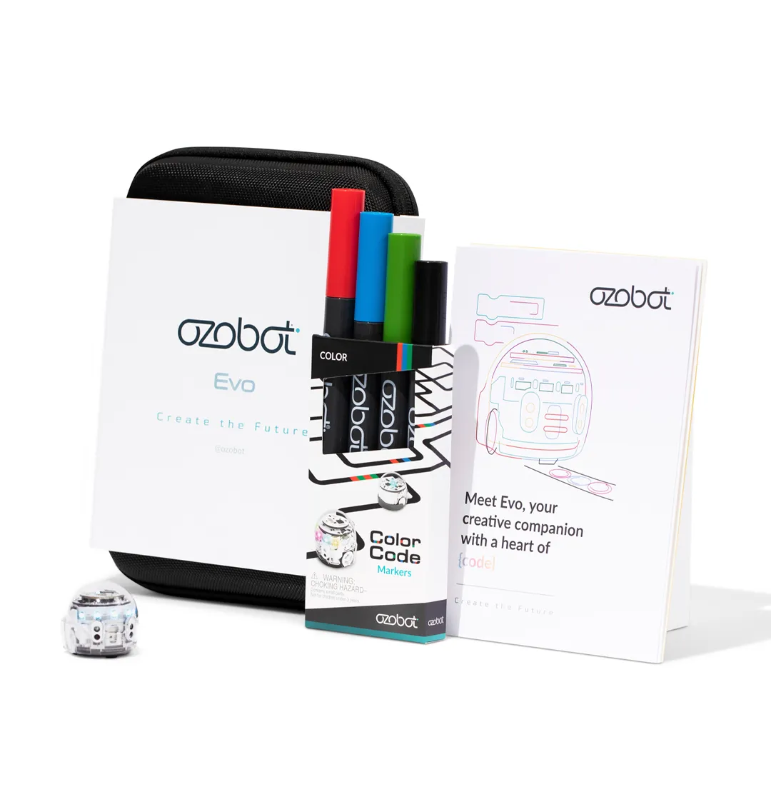 Ozobot MINT Coding Roboter Evo Entry Kit, small white dome-shaped robot with visible electronics in foreground, black Ozobot MINT Coding Roboter Evo Entry Kit, small white dome-shaped robot with visible electronics in foreground, black