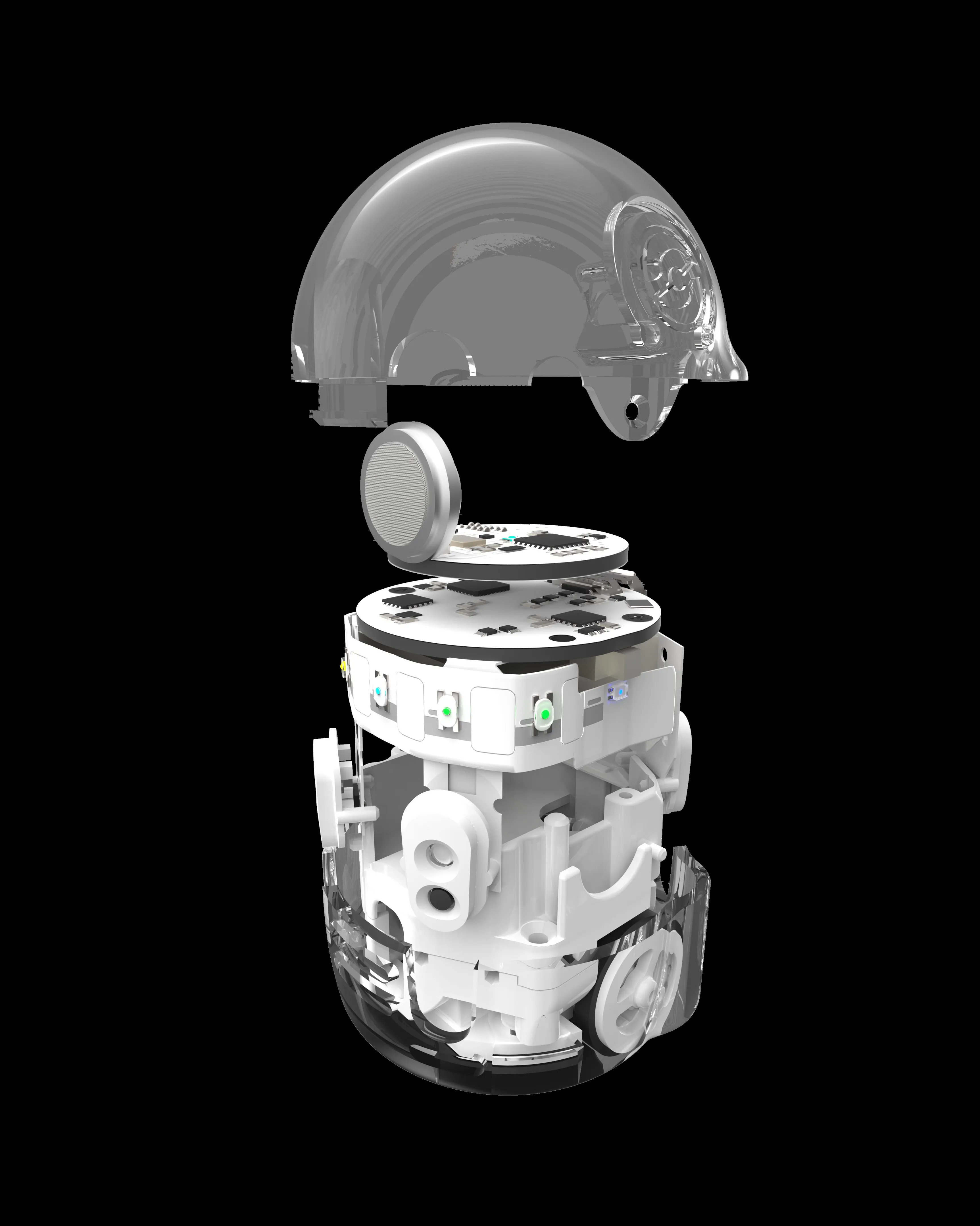 Ozobot MINT Coding Robot Evo Entry Kit, exploded view diagram showing internal components including translucent dome shell, Ozobot MINT Coding Robot Evo Entry Kit, exploded view diagram showing internal components including translucent dome shell,