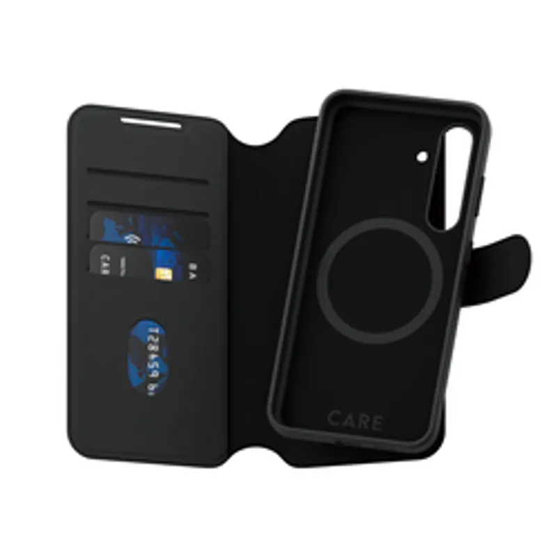 CARE Feature Case 2-in1 MagSafe für Samsung S24+ mit geöffnetem schwarzen Klappdesign, Kartenfächern, MagSafe-Ring und