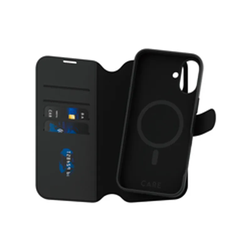 Schwarzes PANZERGLASS CARE Case Feature Tango 2-in-1 Wallet Case für iPhone 16 Plus geöffnet mit Kartenfächern links und