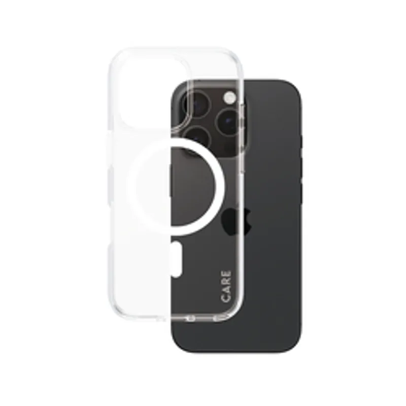 PANZERGLASS CARE Case Flagship White MagSafe for iPhone 16 Pro shown as a clear case with white ring and CARE text in front