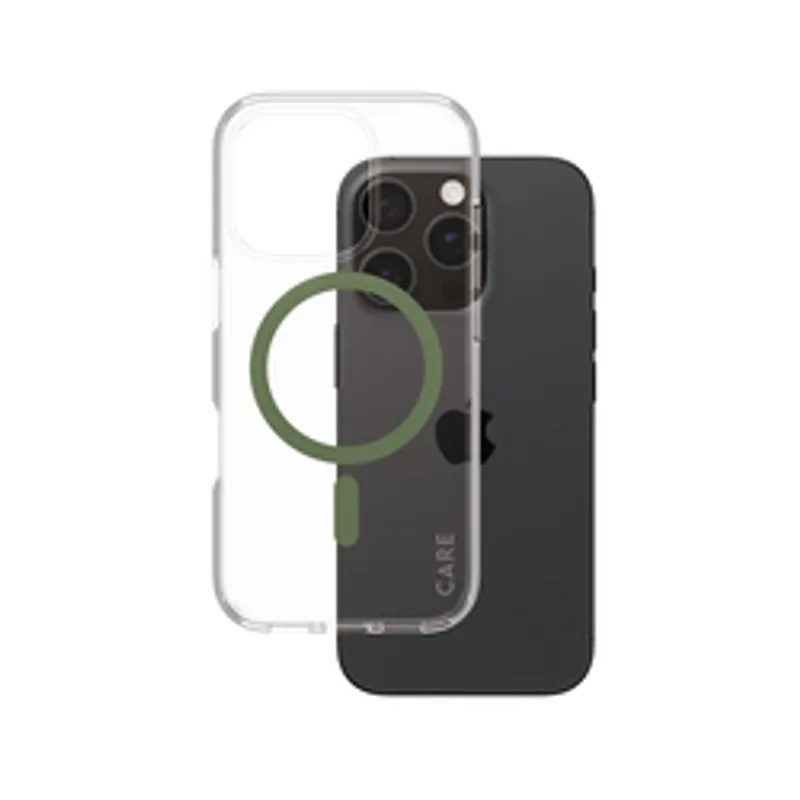 CARE Case Flagship Green MagSAFE per iPhone 16 Pro, custodia trasparente con anello verde MagSafe e branding verticale