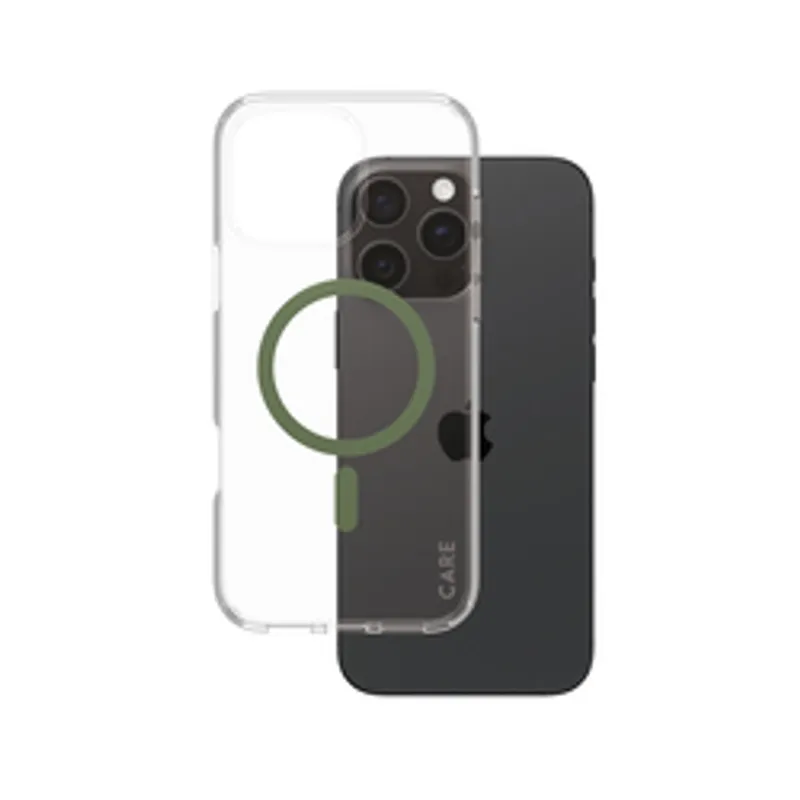 CARE Case Flagship Green MagSAFE iPhone 16 Pro Max, transparente Handyhülle mit grünem MagSafe-Ring und Kameraausschnitt