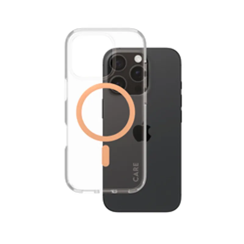 CARE Case Flagship Peachy MagSAFE iPhone 16 Pro, étui transparent avec anneau MagSafe pêche et onglet assorti, positionné