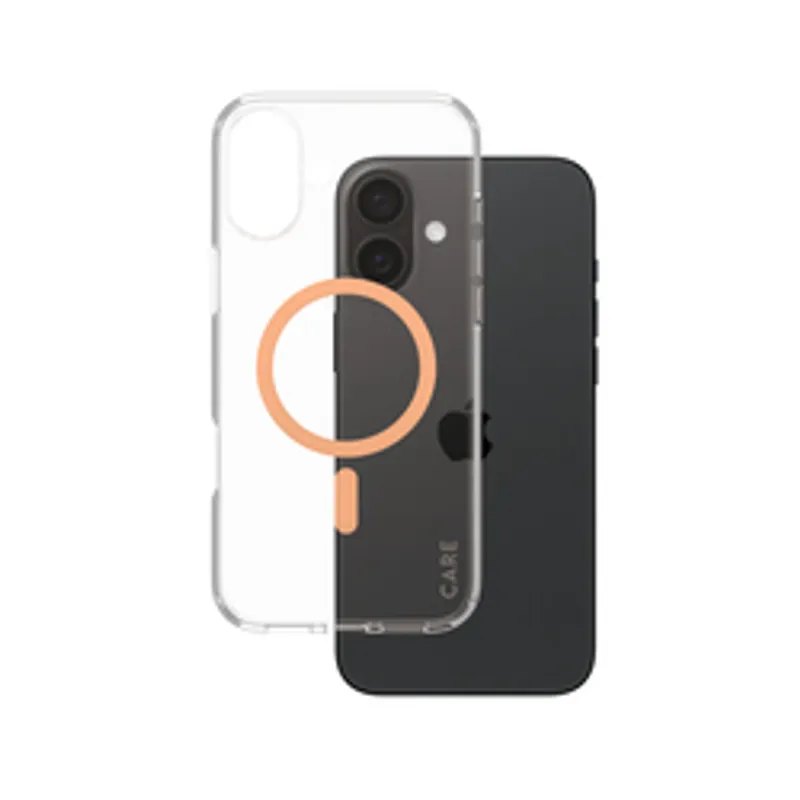 CARE Case Flagship Peachy MagSAFE iPhone 16 Plus, transparente Handyhülle mit pfirsichfarbenem MagSafe-Ring und