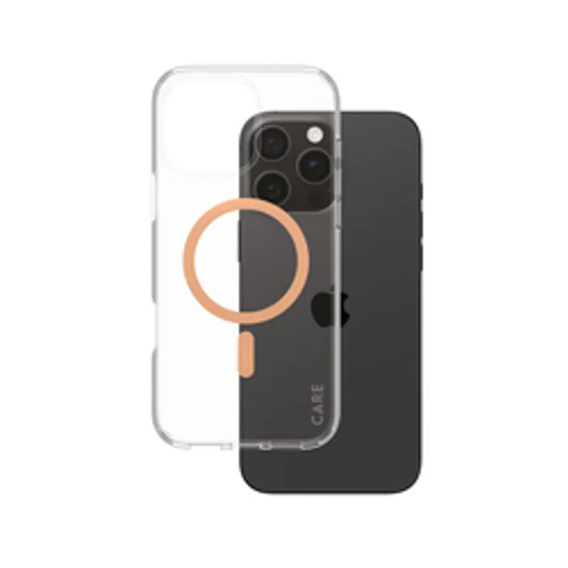 CARE Case Flagship Peachy MagSAFE iPhone 16 Pro Max, funda transparente con anillo de alineación peach y texto CASE impreso