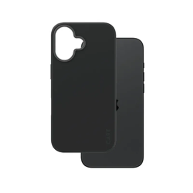 CARE Case Fashion Black MagSAFE iPhone 16, vue arrière légèrement inclinée devant un smartphone noir, avec découpe caméra