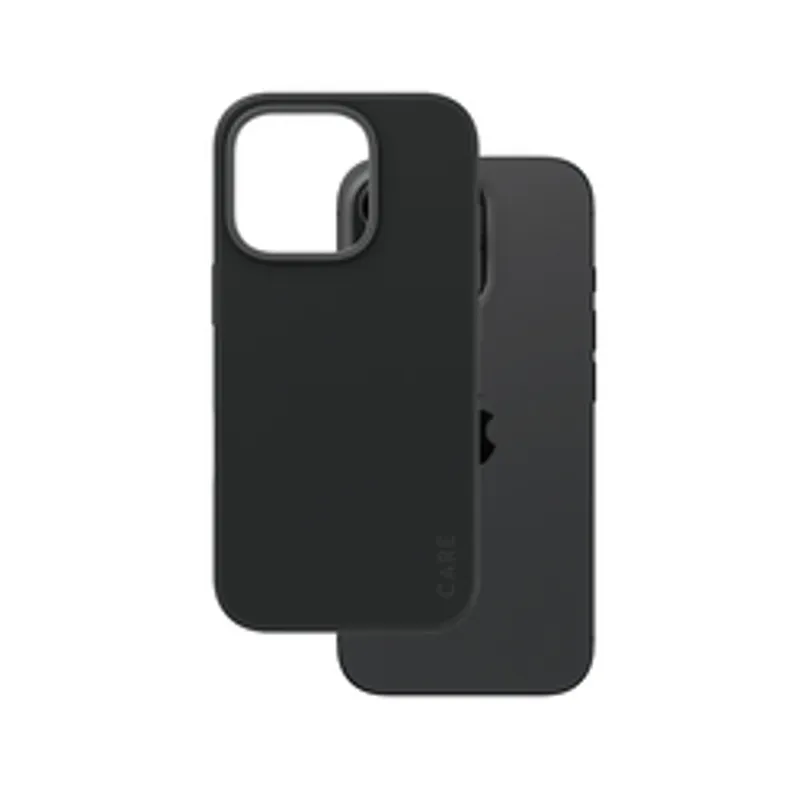 Étui CARE Case Fashion noir pour iPhone 16 Pro avec logo Apple central, vu de dos, légèrement décalé devant le téléphone,