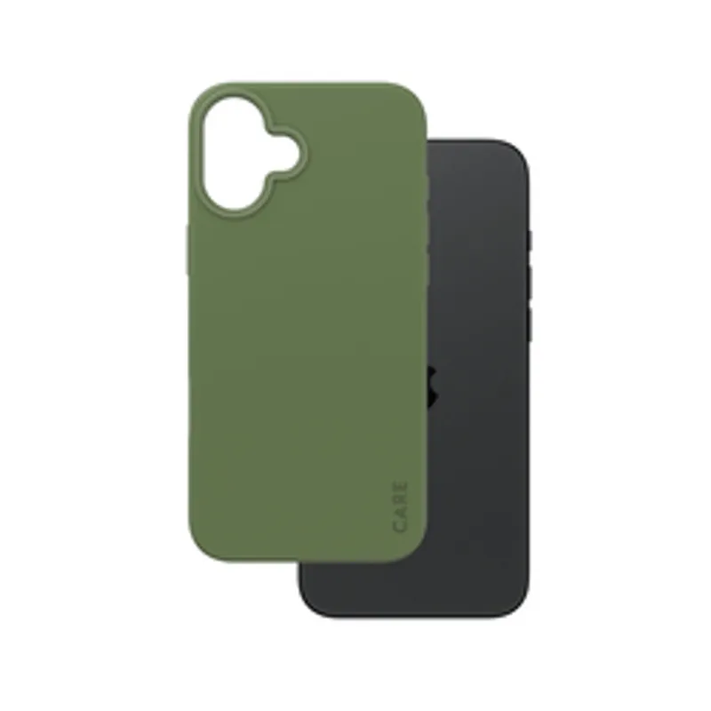 PANZERGLASS CARE Case Fashion Green MagSAFE iPhone 16 Plus with a matte green case stacked over a black case on a white