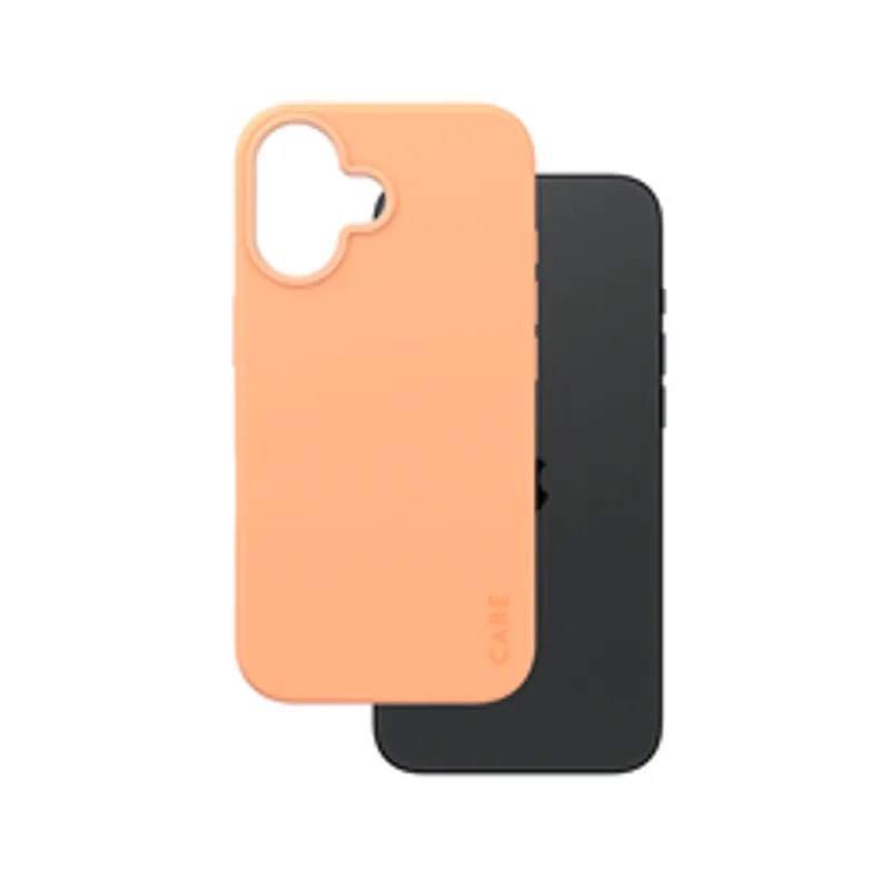 Funda CARE Fashion Peachy MagSAFE para iPhone 16 en tono melocotón junto a carcasa negra mostrando diseño trasero con logo