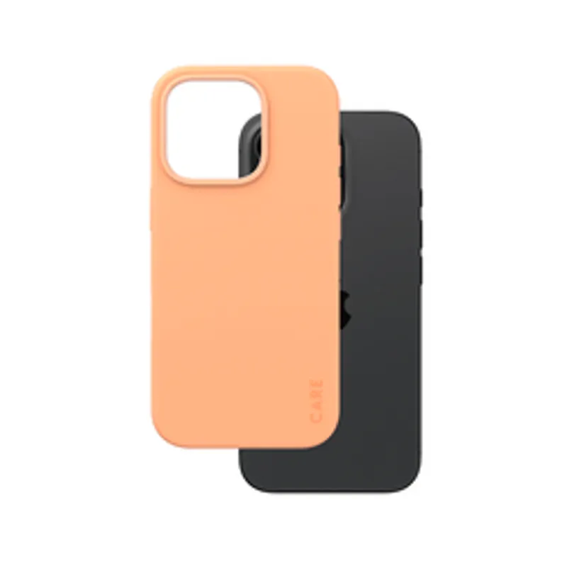 Чехол CARE Case Fashion Peachy MagSAFE для iPhone 16 Pro персикового цвета с черной внутренней частью и вырезом под камеру.