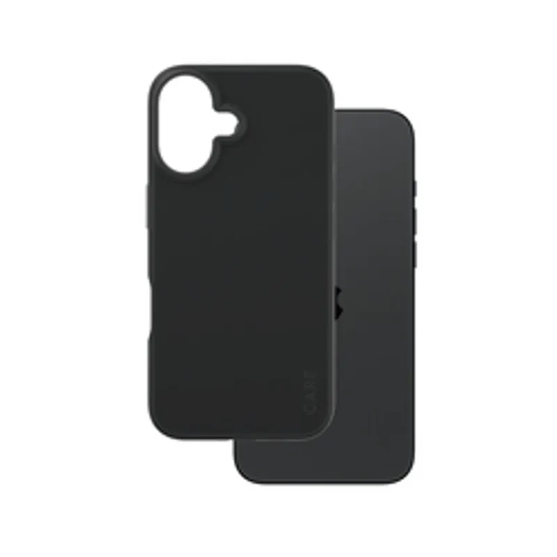 Чехол CARE Fashion Black для iPhone 16 и смартфон на белом фоне с вырезом под камеру и логотипом Apple.