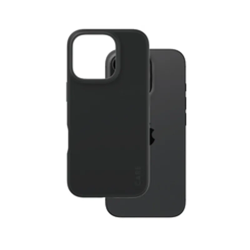 Чехол CARE Fashion Black для iPhone 16 Pro с камерой и логотипом на чёрном фоне.