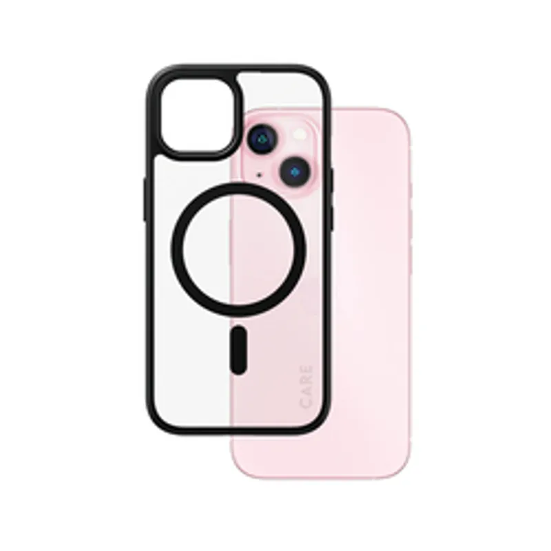 Custodia protettiva CARE Case Flagship nera MagSafe per iPhone 15 con retro trasparente e anello magnetico nero accanto a